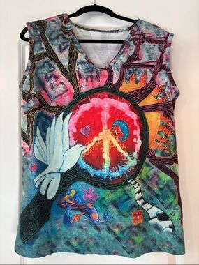 Boho-Vibrant Peace Dove Graphic Tank Top - Multicolor Size Large